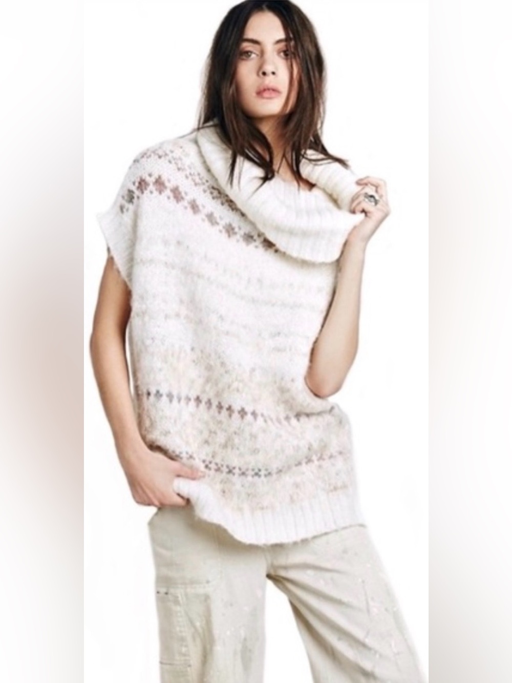 Free People NWT Snow Bunny Fair Isle Cozy Cream Cowl Knit Alpaca Sweater Medium
